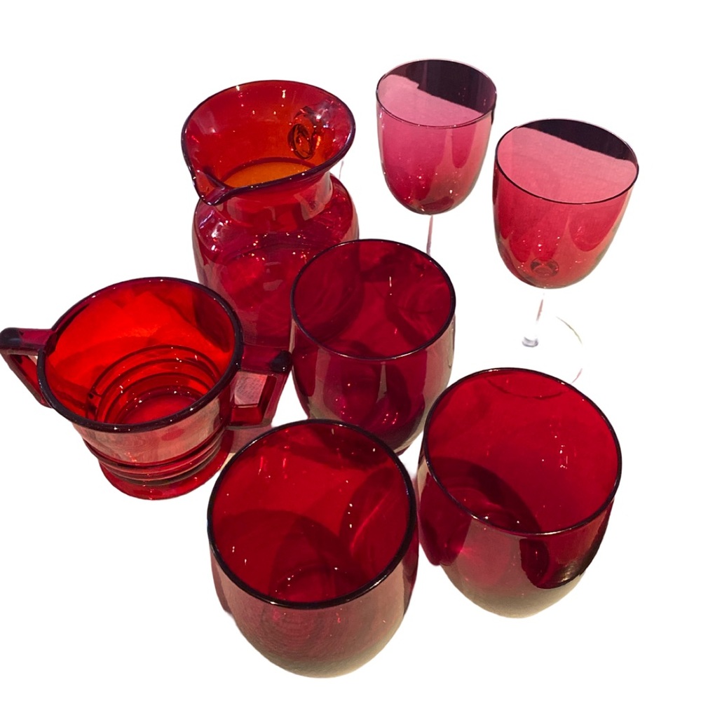 Vintage Cranberry Red Glassware Lot of 7-Pitcher,2 wine,3 glasses,serving bowl